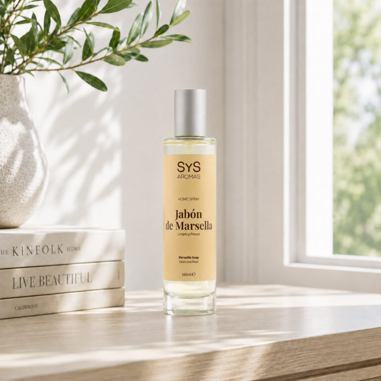 Ambientador Pulverizador Jabón de Marsella 100 ml Origins SYS Aromas en ambiente de hogar con ventana, libros y ramas verdes.