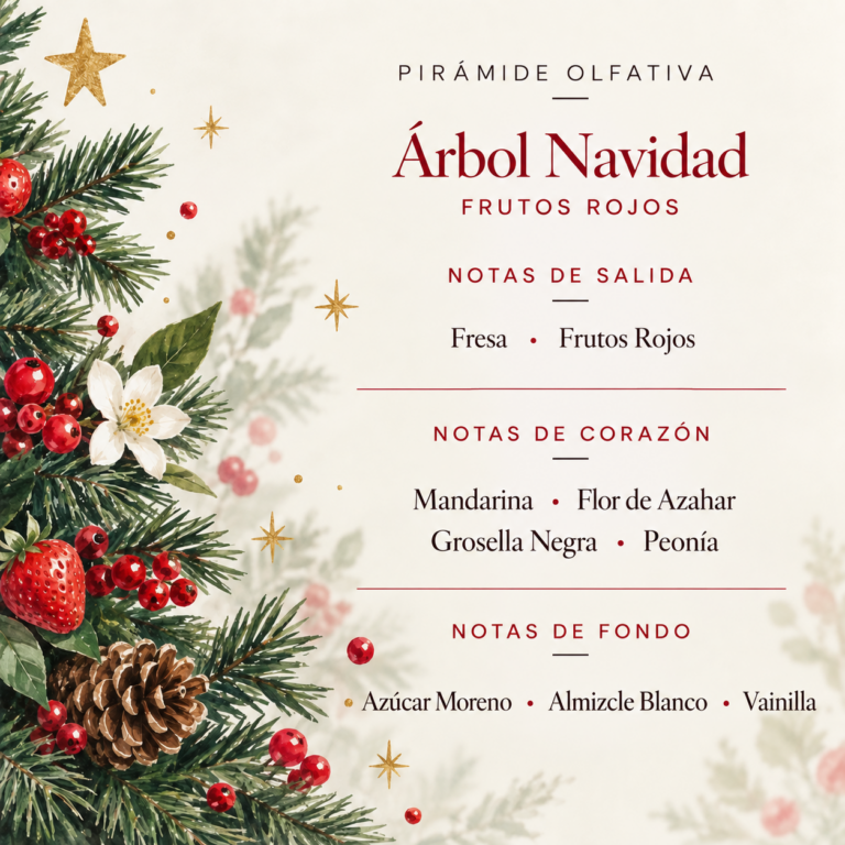 Pirámide olfativa del Ambientador Difusor Árbol de Navidad Frutos Rojos 90 ml SYS Aromas con fresa, frutos rojos, mandarina, flor de azahar, grosella negra, peonía, azúcar moreno, almizcle blanco y vainilla.