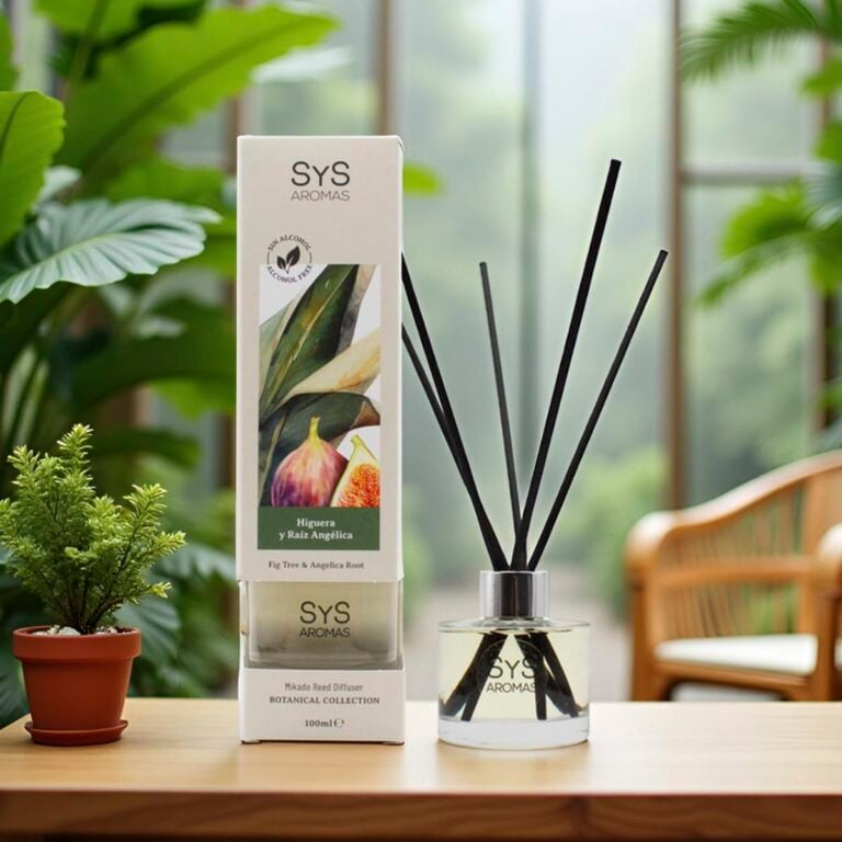 Ambientador Mikado Higuera y Raíz Angélica 100ml Botanical SYS Aromas con caja y varillas negras
