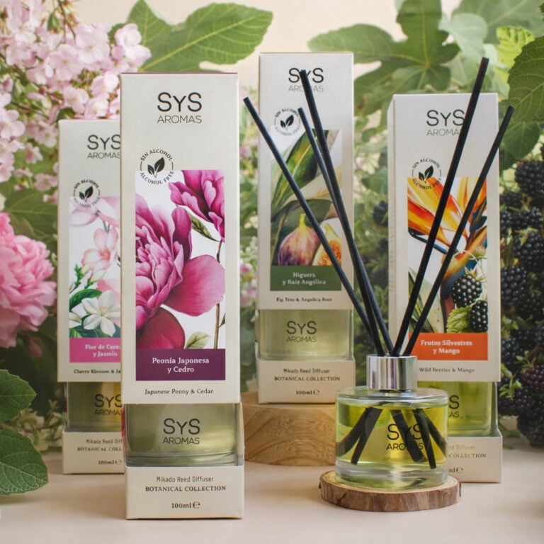 Gama de ambientadores Mikado Botanical SYS Aromas con Higuera y Raíz Angélica flores hojas higos y frutos silvestres