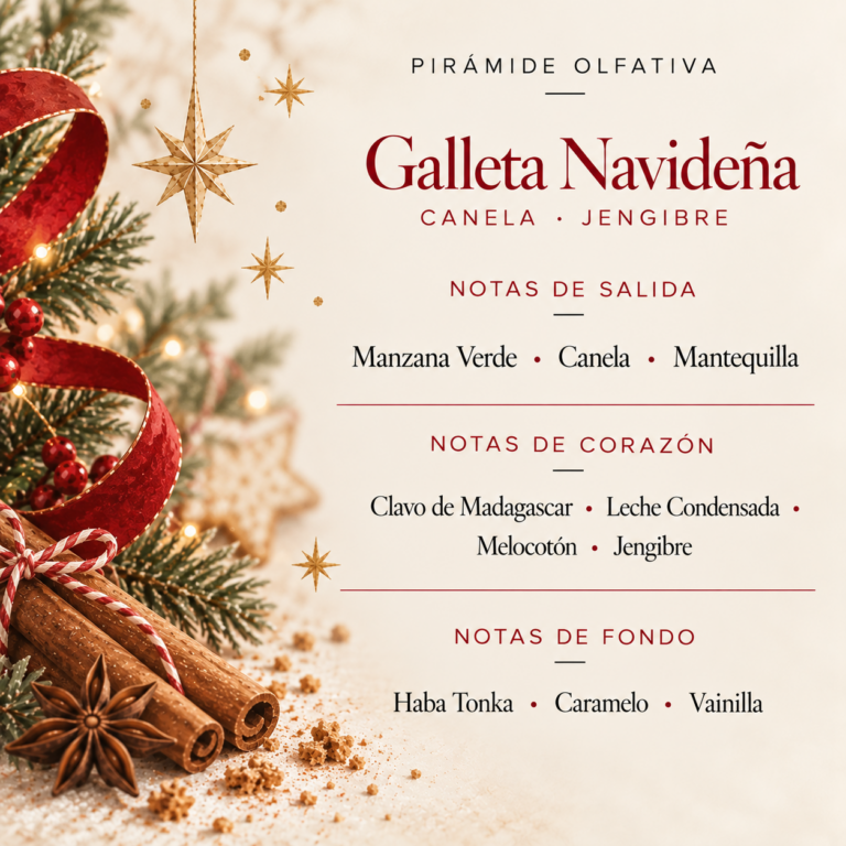 Pirámide olfativa del Ambientador Difusor Galleta de Navidad Canela-Jengibre 90 ml SYS Aromas con manzana verde, canela, mantequilla, clavo de Madagascar, leche condensada, melocotón, jengibre, haba tonka, caramelo y vainilla.