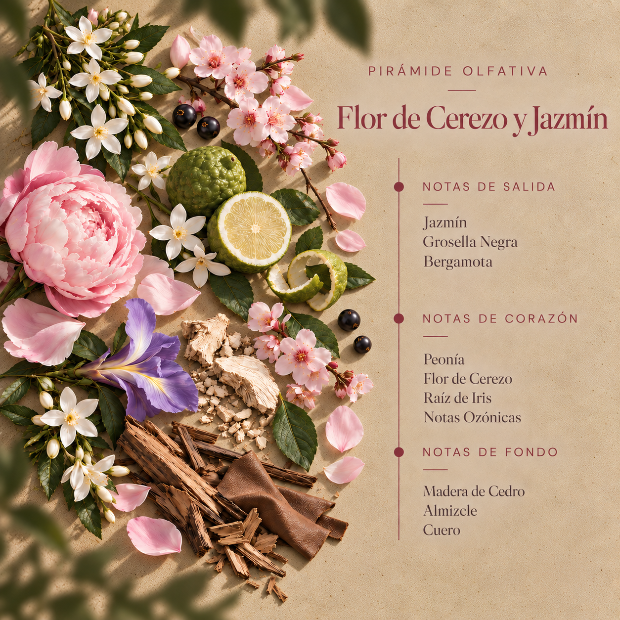 Pirámide olfativa del Ambientador Mikado Flor de Cerezo y Jazmín 100 ml Botanical SYS Aromas con jazmín, grosella negra, bergamota, peonía, flor de cerezo, raíz de iris, notas ozónicas, madera de cedro, almizcle y cuero.