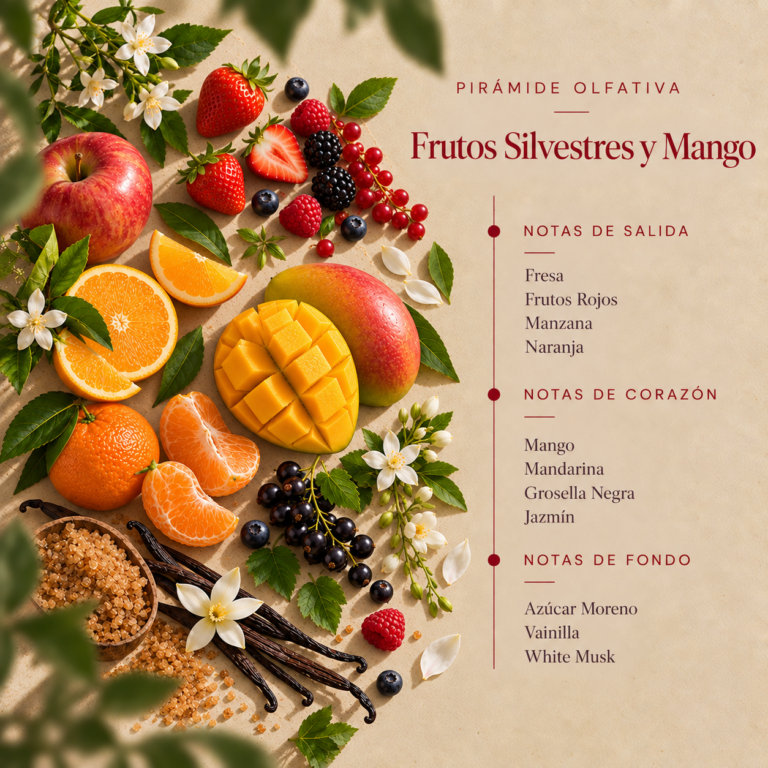 Pirámide olfativa del Ambientador Mikado Frutos Silvestres y Mango 100 ml SYS Aromas con fresa, frutos rojos, manzana, naranja, mango, mandarina, grosella negra, jazmín, azúcar moreno, vainilla y almizcle blanco.