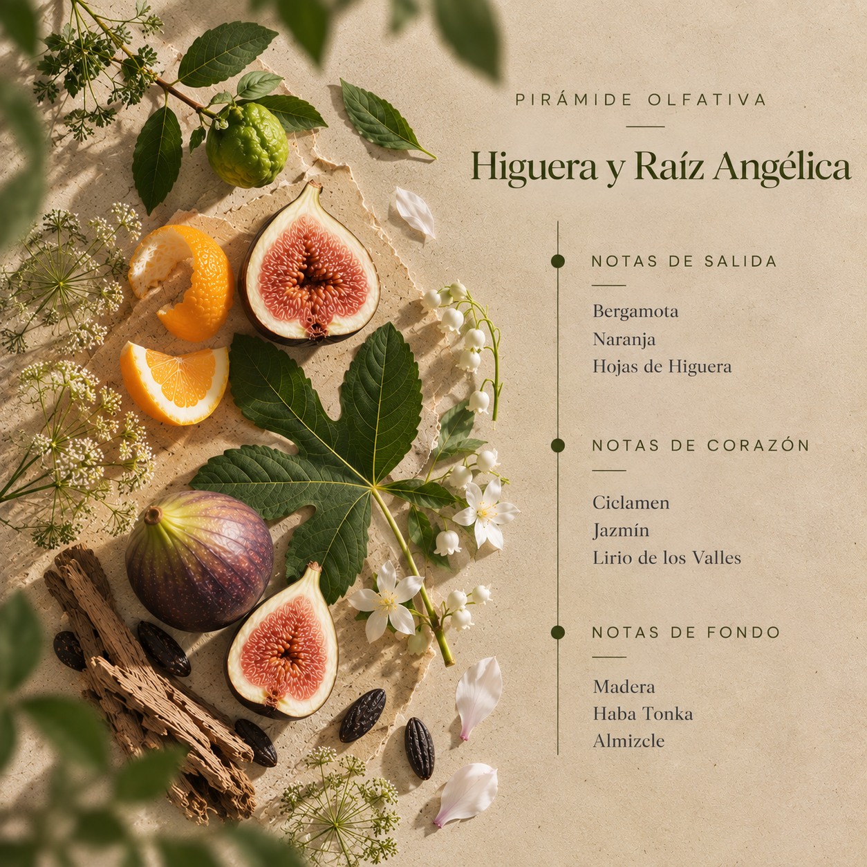 Pirámide olfativa del Ambientador Mikado Higuera y Raíz Angélica 100 ml SYS Aromas con bergamota, naranja, hojas de higuera, ciclamen, jazmín, lirio de los valles, madera, haba tonka y almizcle.