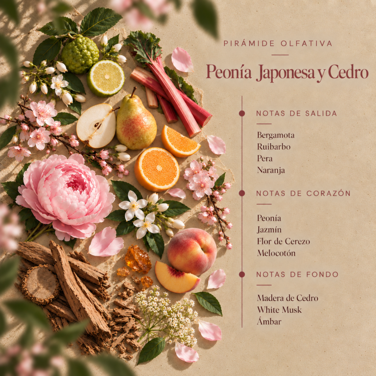 Pirámide olfativa del Ambientador Mikado Peonía Japonesa y Cedro 100 ml Botanical SYS Aromas con bergamota, ruibarbo, pera, naranja, peonía, jazmín, flor de cerezo, melocotón, madera de cedro, white musk y ámbar.