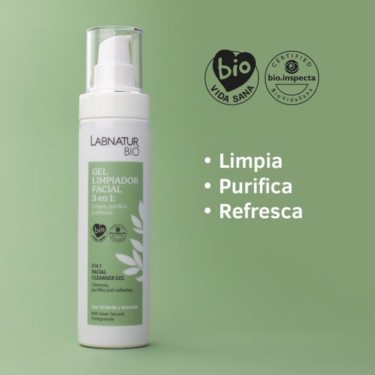 Beneficios del Gel Limpiador Facial 3 en 1 Labnatur Bio que limpia, purifica, hidrata y refresca la piel.