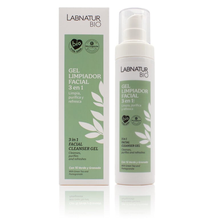 Gel Limpiador Facial 3 en 1 Labnatur Bio 150ml con té verde, granada y aloe vera para limpiar, purificar y refrescar la piel.