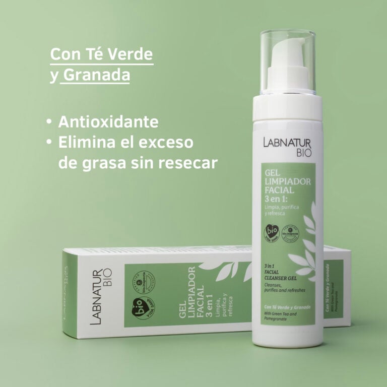Ingredientes del Gel Limpiador Facial Labnatur Bio con té verde, granada y aloe vera de agricultura ecológica.