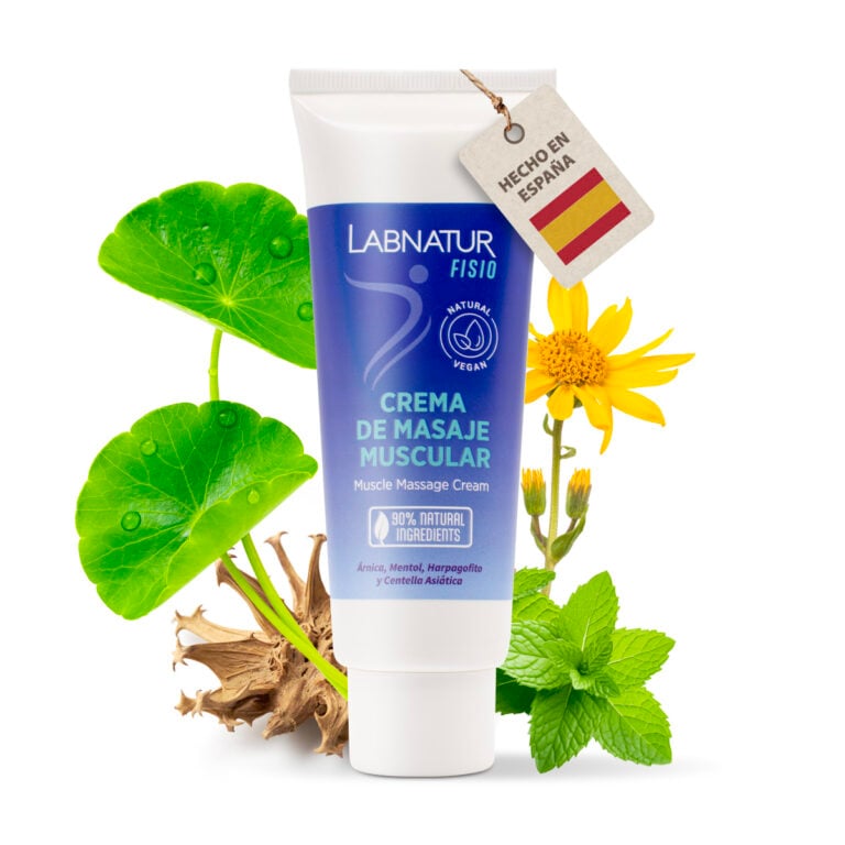 Crema de Masaje Muscular Labnatur Fisio hecha en España con árnica, mentol, harpagofito y centella asiática.