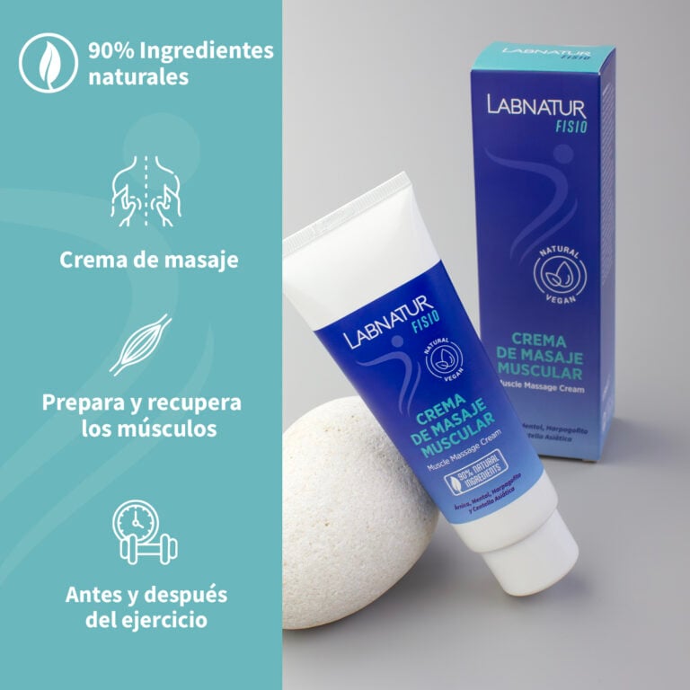 Crema de Masaje Muscular Labnatur Fisio con 90% de ingredientes naturales para preparar y recuperar los músculos.