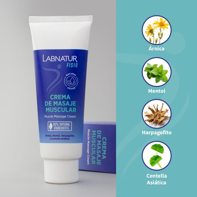 Ingredientes de la Crema de Masaje Muscular Labnatur Fisio con árnica, mentol, harpagofito y centella asiática.