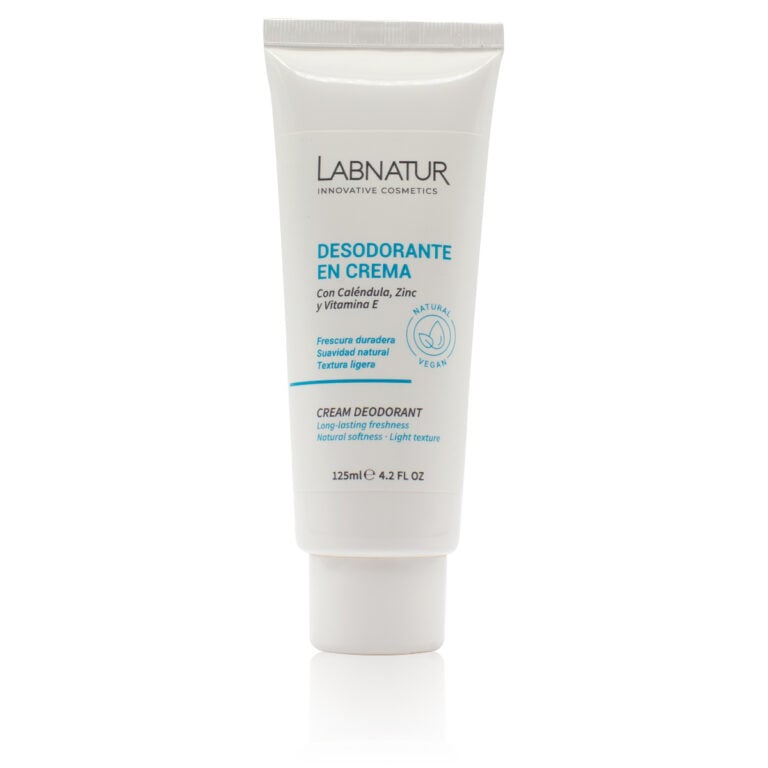 Desodorante en Crema 125ml Labnatur con caléndula, zinc, almidón de arroz y vitamina E, sin alcohol ni sales de aluminio.