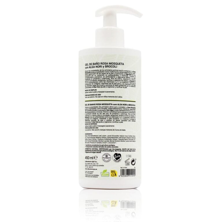 Vista posterior del Gel de Ducha Rosa Mosqueta, Alga Nori y Brócoli 450ml Labnatur Bio con dosificador blanco