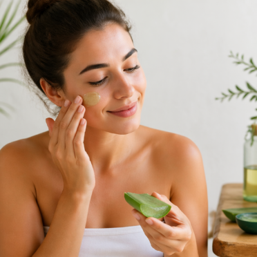 Mujer aplicando gel de aloe vera natural en el rostro para hidratar y cuidar la piel.