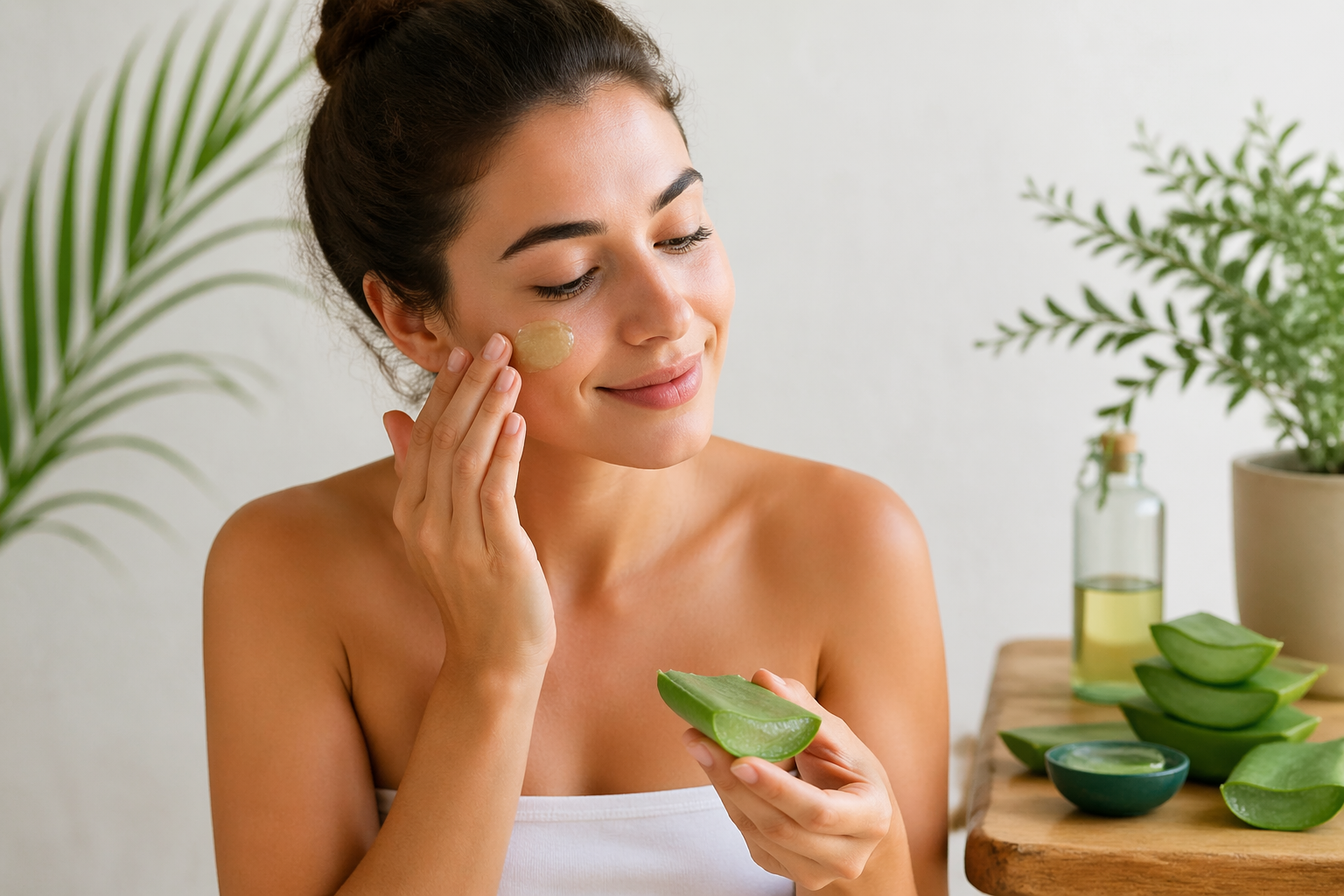 Mujer aplicando gel de aloe vera natural en el rostro para hidratar y cuidar la piel.