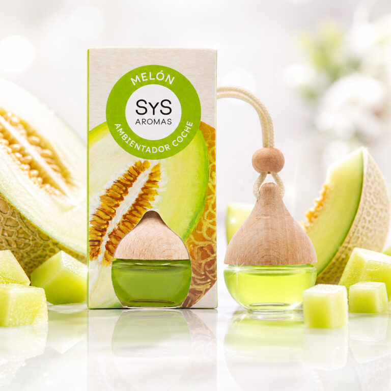 Ambientador Coche Melón 6ml SYS Aromas con estuche, frasco y dados de melón