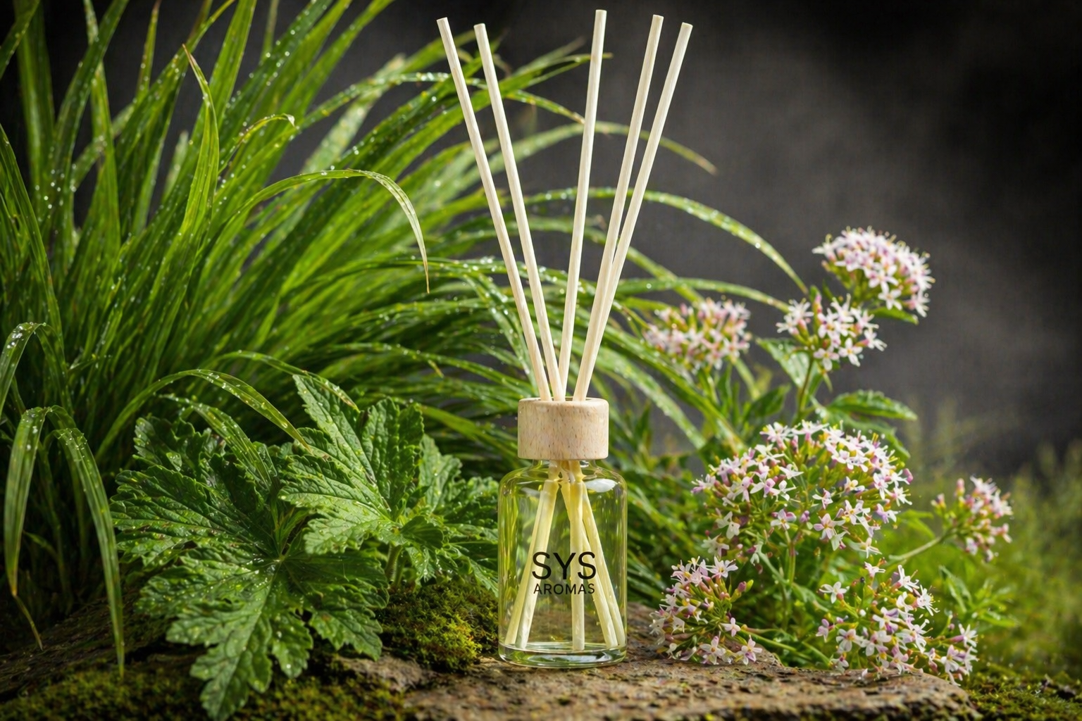Mikado de citronela SYS Aromas en entorno natural con hojas verdes y flores, con etiqueta decorativa