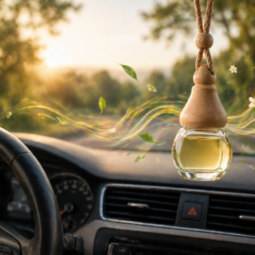 Ambientador colgante de coche con fragancia natural en frasco de cristal y madera, dentro de un coche con luz cálida