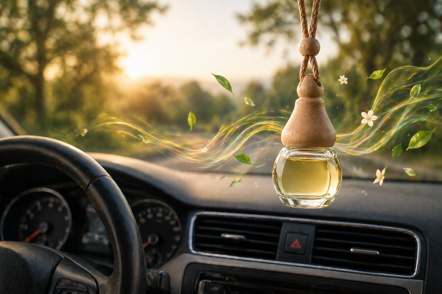Ambientador colgante de coche con fragancia natural en frasco de cristal y madera, dentro de un coche con luz cálida