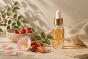 Aceite de Rosa Mosqueta con frutos y hojas, fotografía de estilo natural y minimalista, sobre fondo beige con luz suave y sombras.