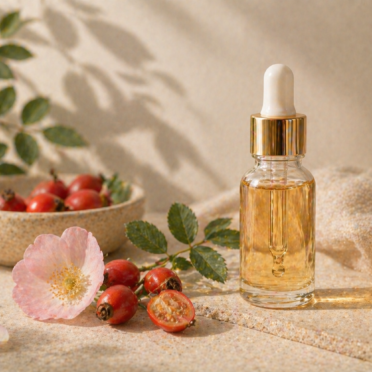 Aceite de Rosa Mosqueta con frutos y hojas, fotografía de estilo natural y minimalista, sobre fondo beige con luz suave y sombras.