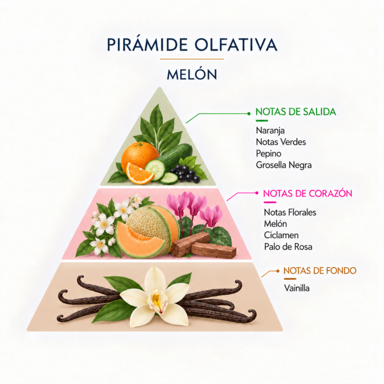 Pirámide olfativa del Ambientador Coche Melón 6 ml Gota SYS Aromas con naranja, notas verdes, pepino, grosella negra, notas florales, melón, ciclamen, palo de rosa y vainilla.