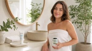Mujer en un baño luminoso con desodorantes naturales Labnatur, desodorante en crema y desodorante de alumbre.
