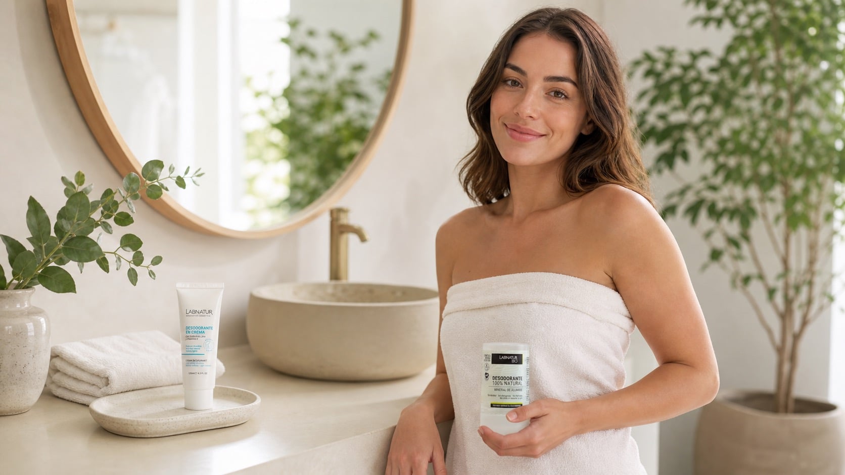 Mujer en un baño luminoso con desodorantes naturales Labnatur, desodorante en crema y desodorante de alumbre.
