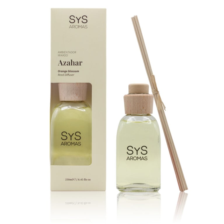 Ambientador Mikado Azahar 250ml Origins SYS Aromas con estuche, frasco y varillas difusoras