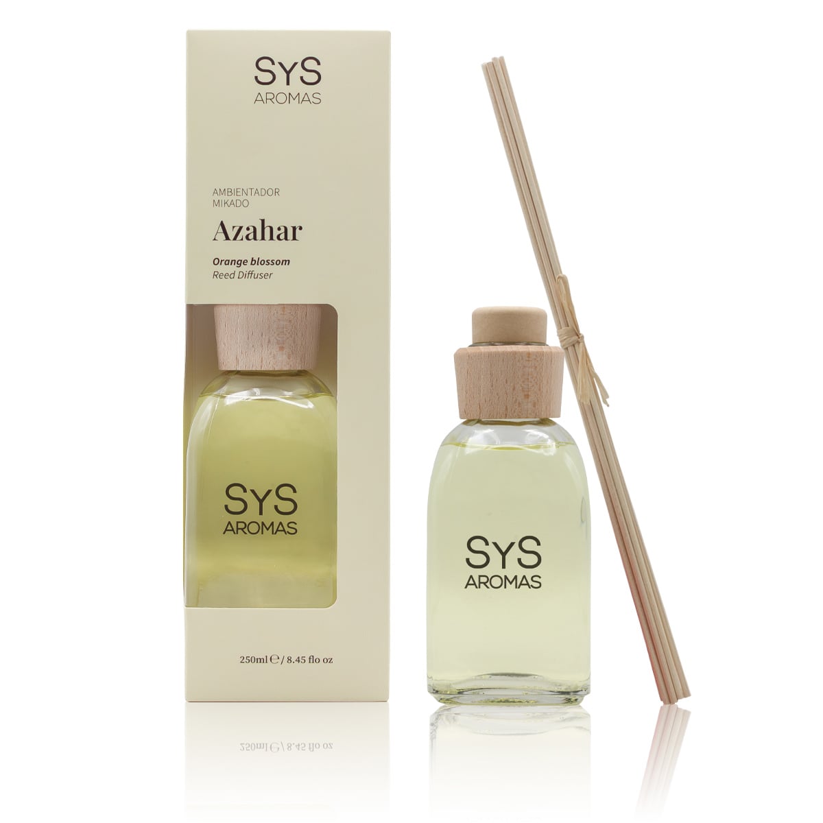 Ambientador Mikado Azahar 250ml Origins SYS Aromas con estuche, frasco y varillas difusoras