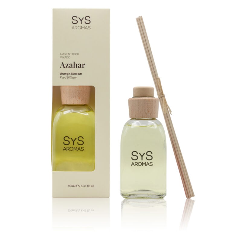 Ambientador Mikado Azahar 250ml Origins SYS Aromas con estuche, frasco y varillas difusoras