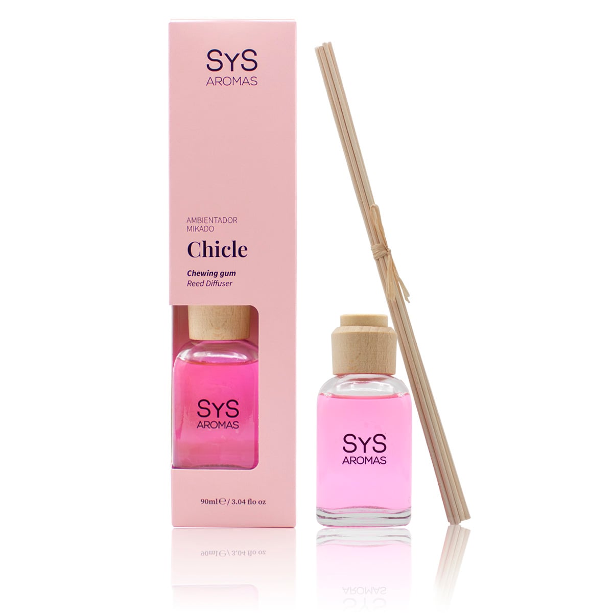 Ambientador Mikado Chicle 90 ml Origins SYS Aromas con caja rosa, frasco de cristal con fragancia rosa, tapón de madera y varillas difusoras sobre fondo blanco.