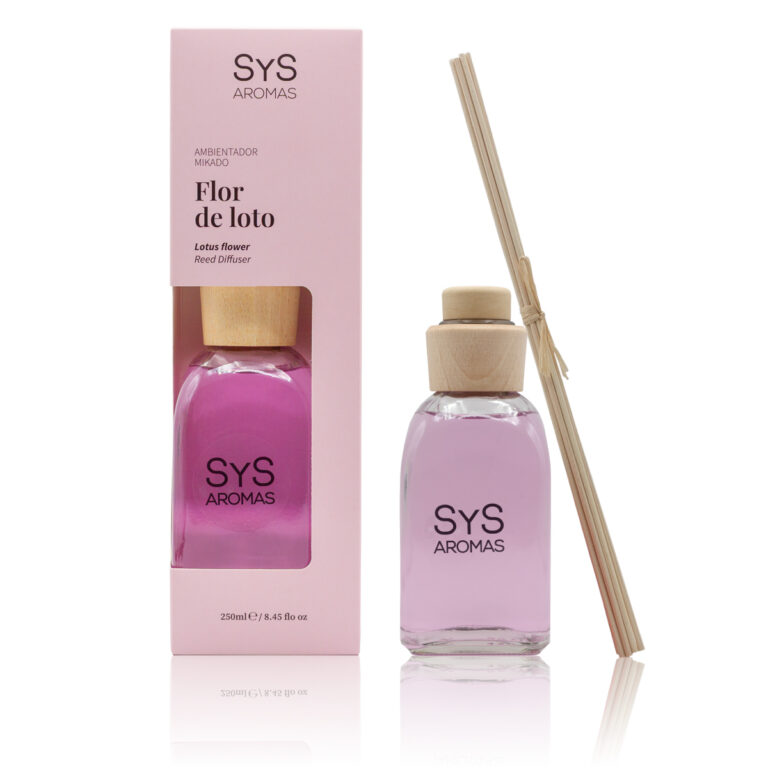 Ambientador Mikado Flor de Loto 250ml Origins SYS Aromas con estuche rosa, frasco y varillas difusoras