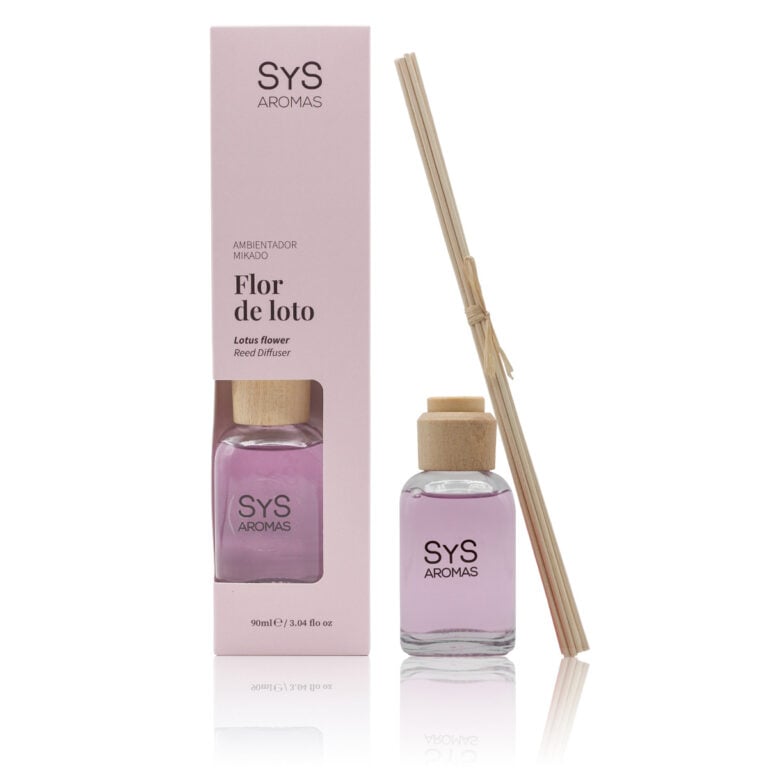 Ambientador Mikado Flor de Loto 90ml Origins SYS Aromas con estuche rosa y varillas difusoras