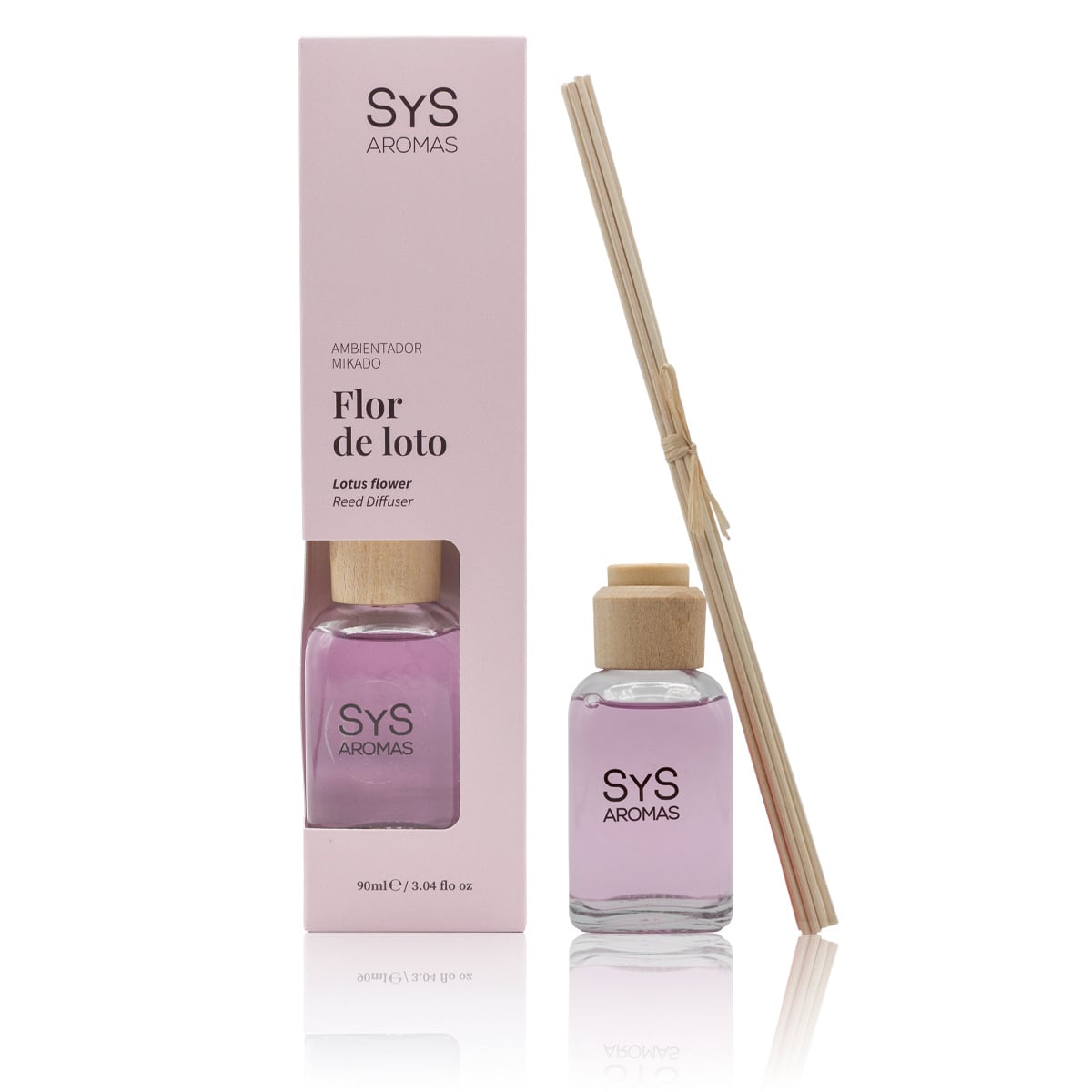 Ambientador Mikado Flor de Loto 90ml Origins SYS Aromas con estuche rosa y varillas difusoras