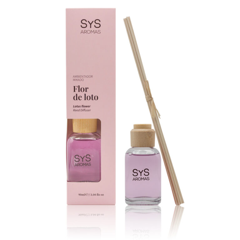 Ambientador Mikado Flor de Loto 90ml Origins SYS Aromas con estuche rosa y varillas difusoras