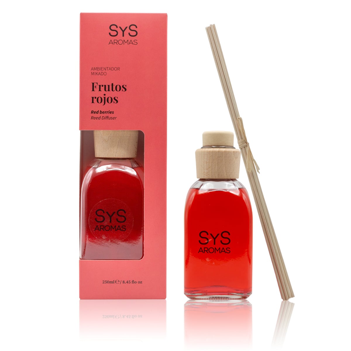 Ambientador Mikado Frutos Rojos 250ml Origins SYS Aromas con estuche coral y varillas difusoras