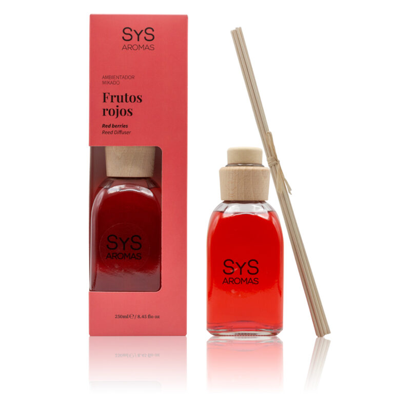 Ambientador Mikado Frutos Rojos 250ml Origins SYS Aromas con estuche coral y varillas difusoras