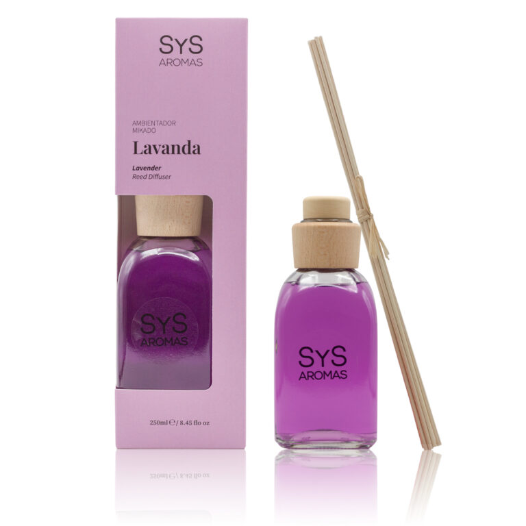 Ambientador Mikado Lavanda 250ml Origins SYS Aromas con estuche lila, frasco y varillas difusoras