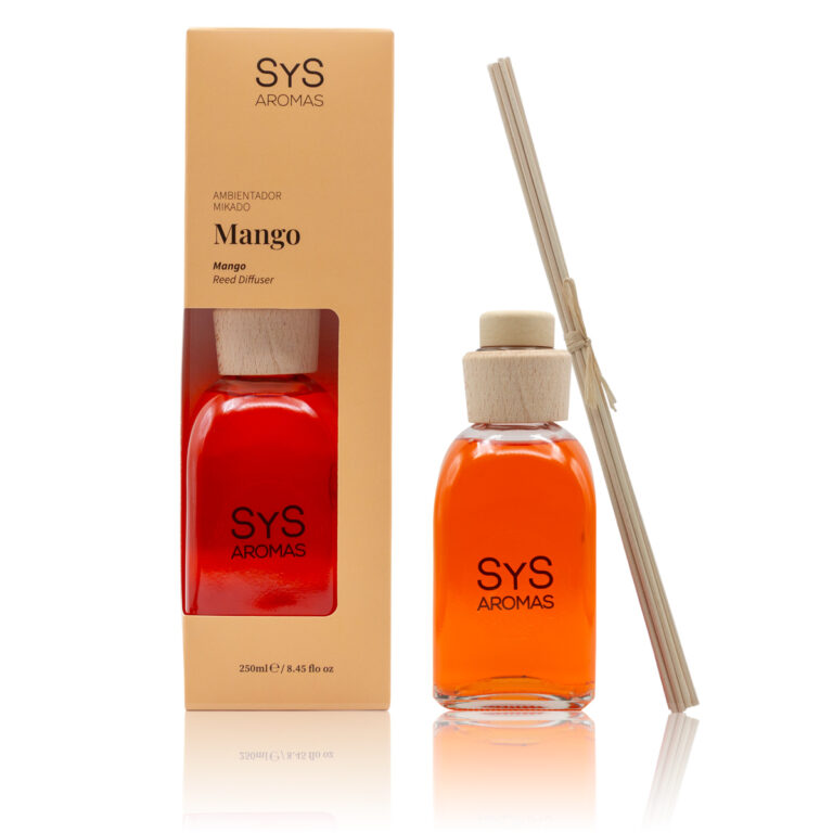 Ambientador Mikado Mango 250ml Origins SYS Aromas con estuche, frasco naranja y varillas difusoras