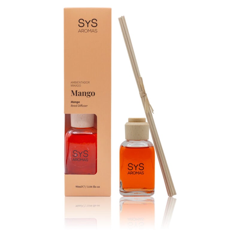 Ambientador Mikado Mango 90ml Origins SYS Aromas con estuche naranja y varillas difusoras