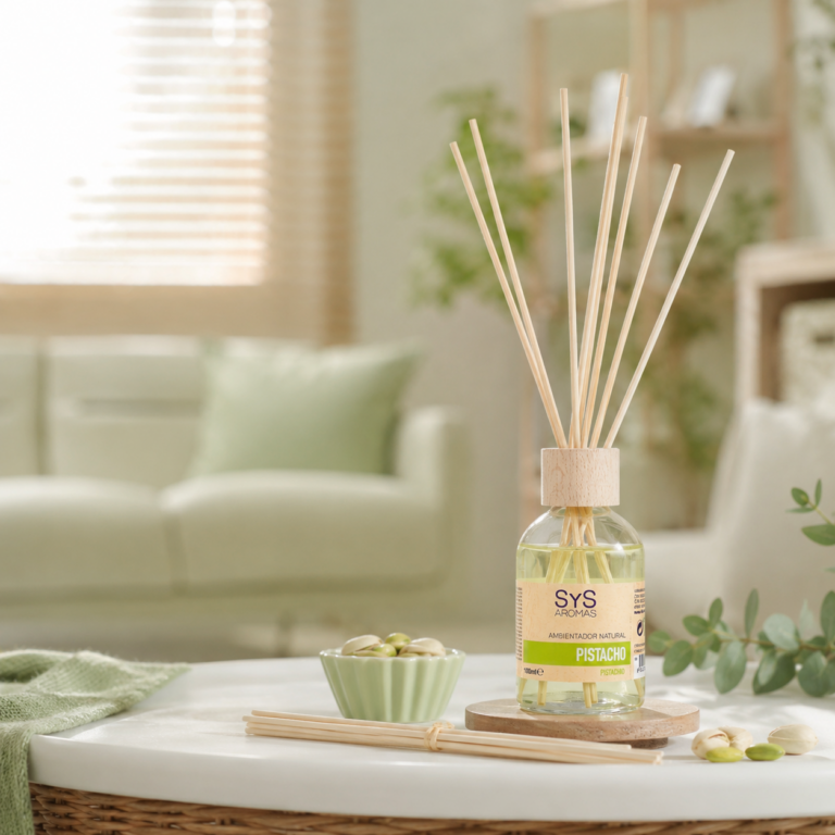 Ambientador Mikado Pistacho 100ml SYS Aromas en salón con pistachos y varillas de madera