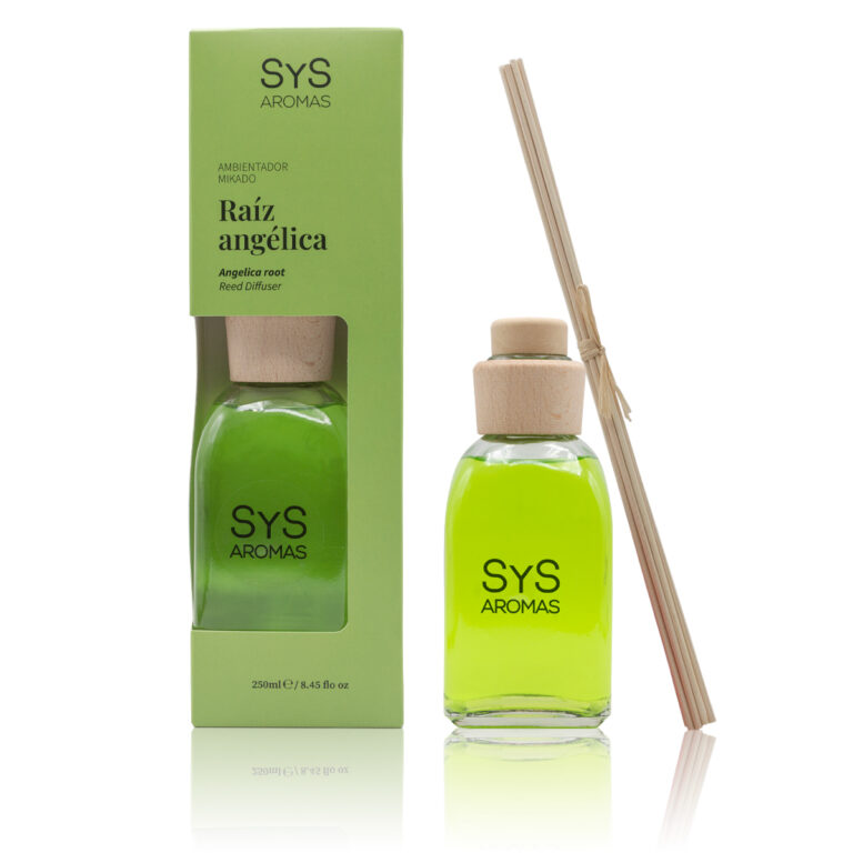 Ambientador Mikado Raíz Angélica 250ml Origins SYS Aromas con estuche verde, frasco y varillas difusoras