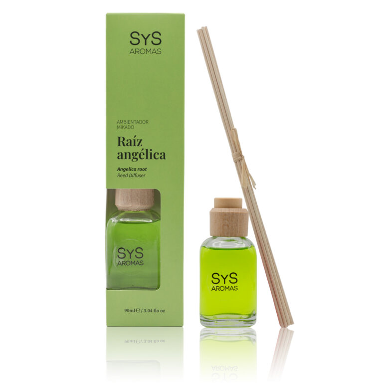 Ambientador Mikado Raíz Angélica 90ml Origins SYS Aromas con estuche verde y varillas difusoras