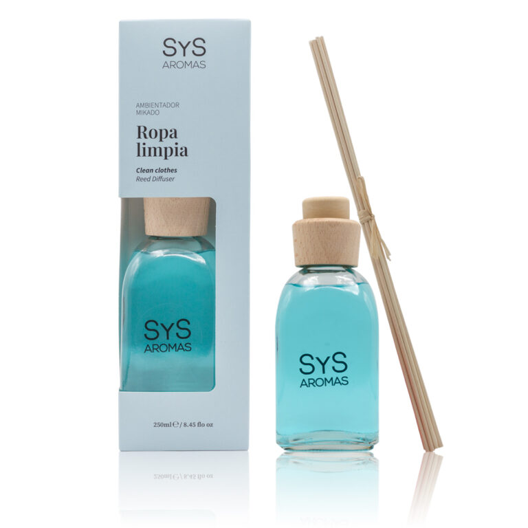 Ambientador Mikado Ropa Limpia 250ml Origins SYS Aromas con estuche azul, frasco y varillas difusoras