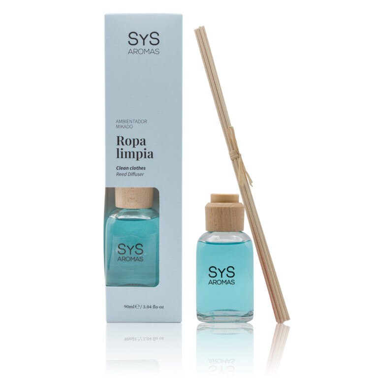 Ambientador Mikado Ropa Limpia 90ml Origins SYS Aromas con estuche azul y varillas difusoras