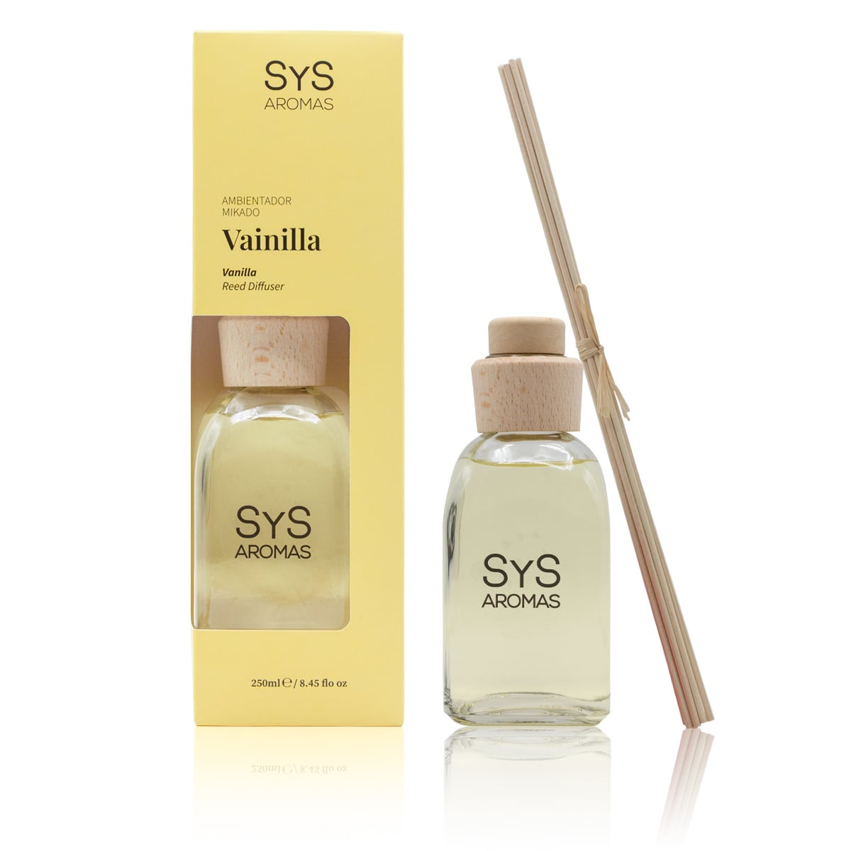 Ambientador Mikado Vainilla 250ml Origins SYS Aromas con estuche amarillo, frasco y varillas difusoras