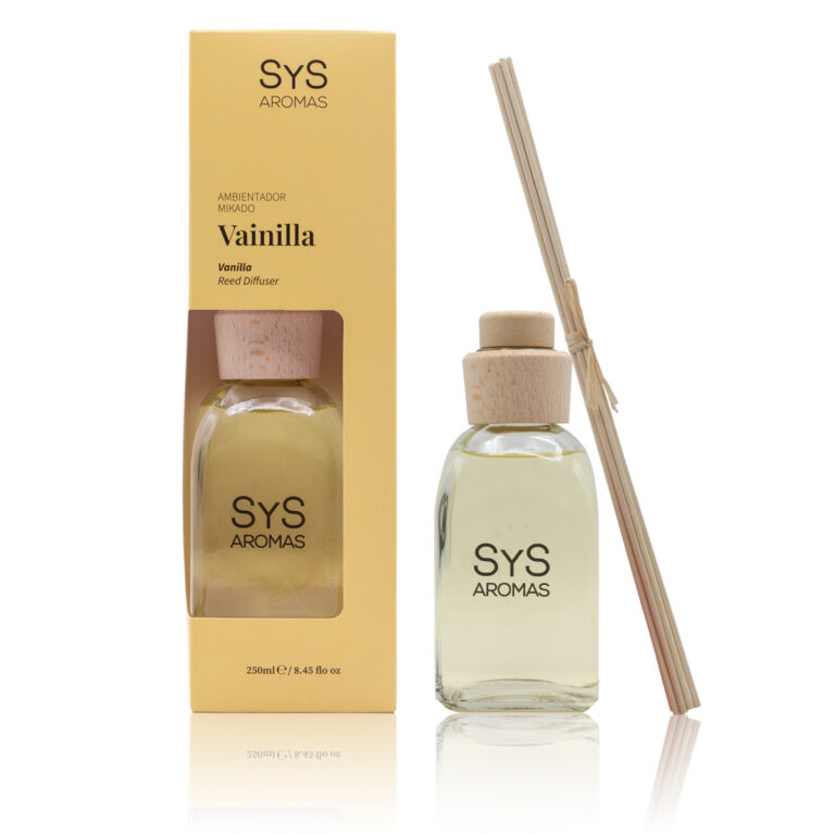 Ambientador Mikado Vainilla 250ml Origins SYS Aromas con estuche amarillo, frasco y varillas difusoras