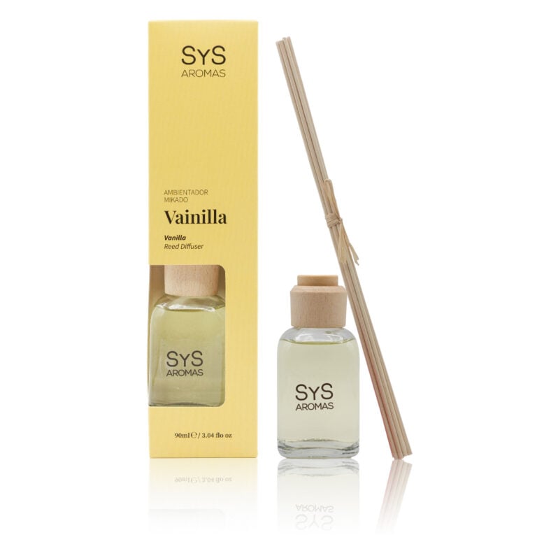 Ambientador Mikado Vainilla 90ml Origins SYS Aromas con estuche amarillo y varillas difusoras