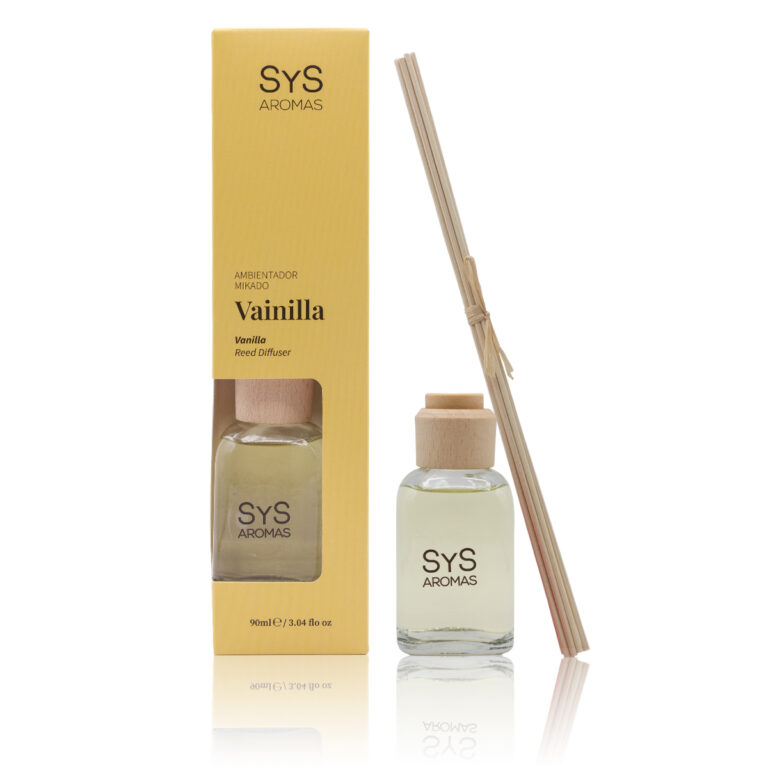 Ambientador Mikado Vainilla 90ml Origins SYS Aromas con estuche amarillo y varillas difusoras